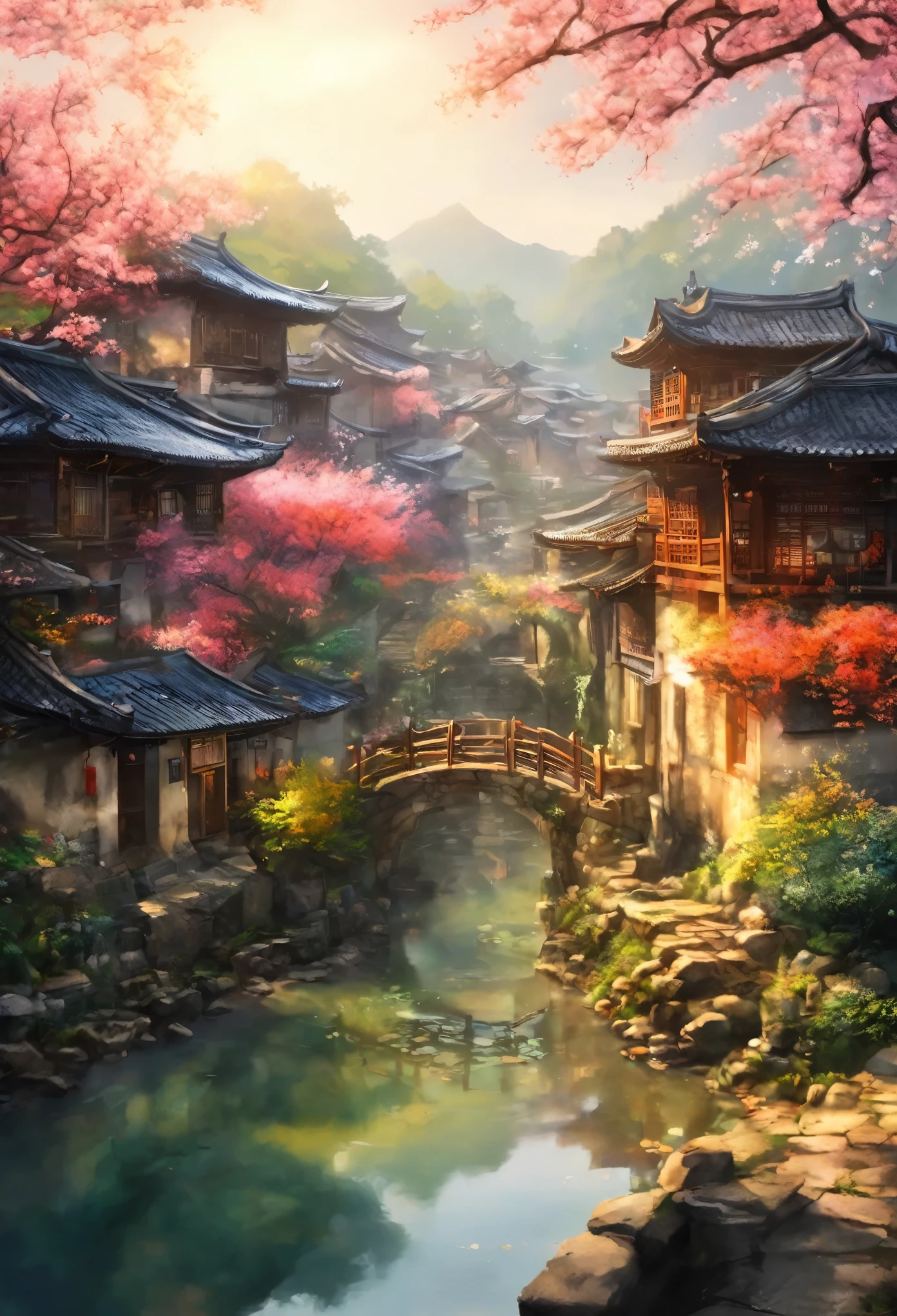 （Vibrant colors），（Semi-realistic），Vibrant riverside scenery of China，(Quiet River of Water)To the show(Elegant arch bridge)Forget，(Local Villagers)of(A picturesque mansion)，（Description of Ming Dynasty：1.1），Gangnam Ancient Town，Small bridge and flowing water，Busy city suburbs of quiet farmland，（sunny morning:1.2），（Fine brushwork：1.1），dynamic depiction，Panorama of the waterof edge，Authentic atmosphere，Vivid and authentic，Captivating Charm，rich picture，8k resolution