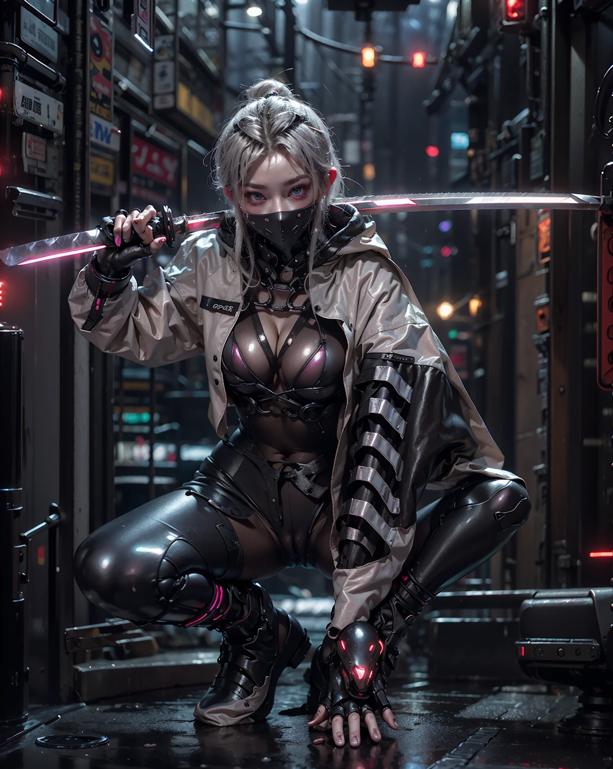 highest quality、surreal、perfect anatomy、crowded downtown area、Wet and shiny white skin、model body shape、silver hair、black micro bikini、nine-headed body、blush、Ahegao、tattoos all over the body、Rainy evening、Cyberpunk City、neon lights、Japanese sword、