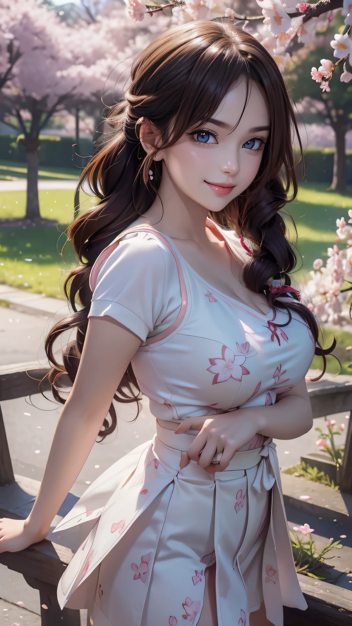 Ein Park, in dem Kirschblüten tanzen,High-School-Mädchen,(zufällige Pose),(Zufällige Frisur),(Höchste Bildqualität,(8K), ultra-realistisch, beste Qualität, gute Qualität, hochauflösend, hochwertige Textur, hohe Detailliertheit, Schöne Details, fein detailliert, extrem detaillierte CG, Detaillierte Textur, realistische Darstellung des Gesichts, Meisterwerk, Gegenwart)