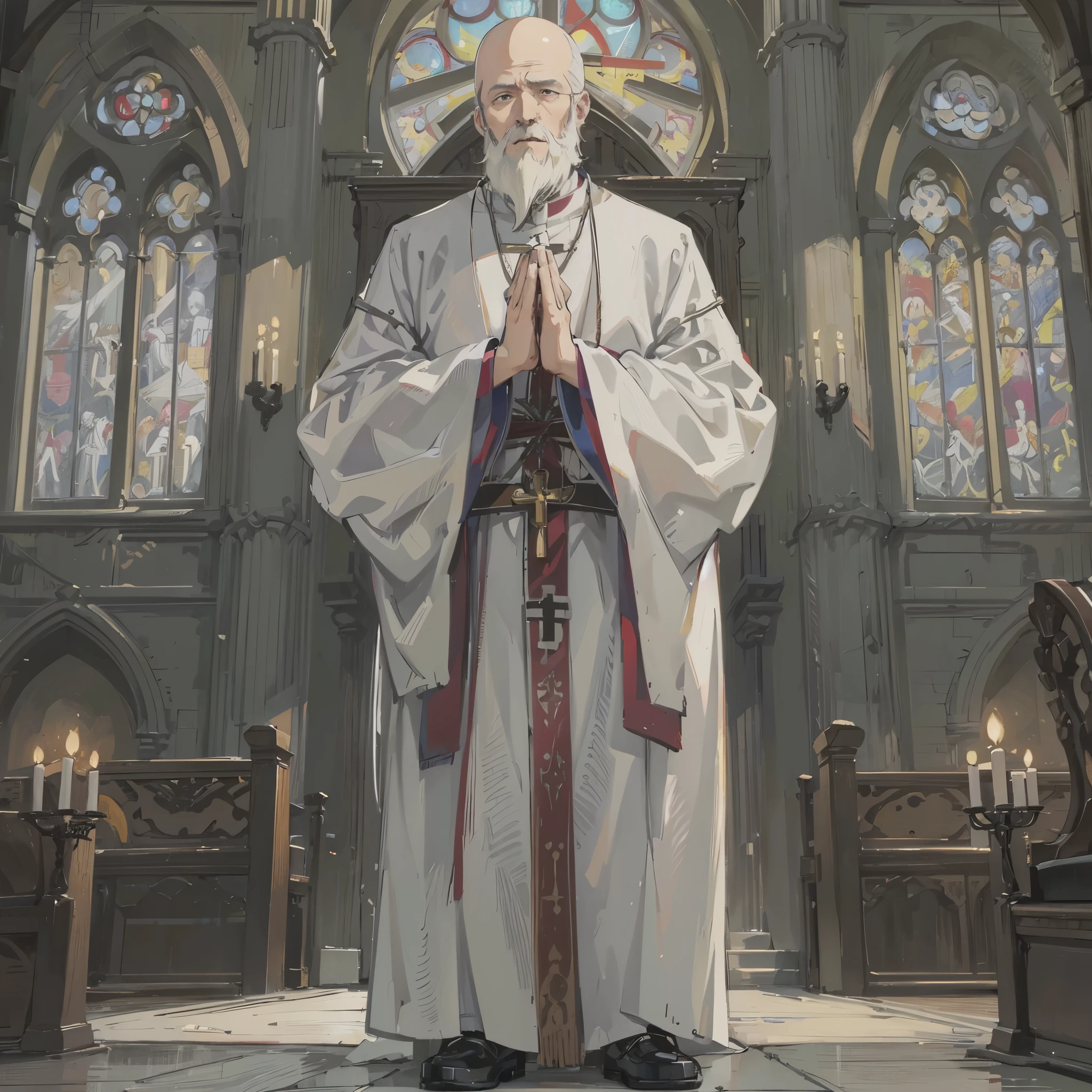 an old man（priest），White beard，White hair，Bald，Wearing white cloth，A cross on the chest，Hands together，Standing in the church and praying earnestly。Medium shot composition，Full body pictures，color，Anime illustration style，HD，4K。