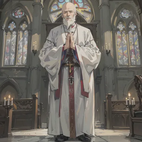 an old man（priest），White beard，White hair，Bald，Wearing white cloth，A cross on the chest，Hands together，Standing in the church an...