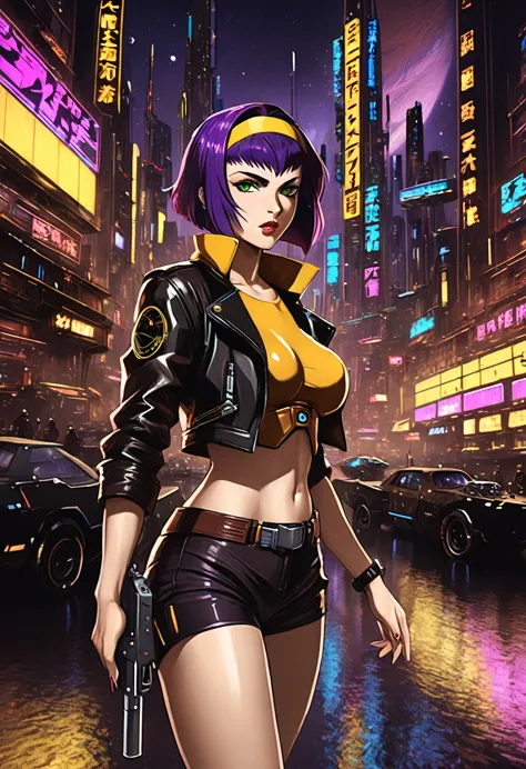 1girl, Faye Valentine, Cowboy Bebop, bob cut, solo, big breasts, green eyes, purple hair, hairband, cbbebop, cbbebop spaceship, ...