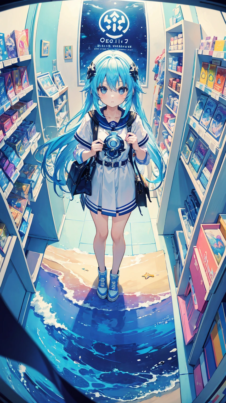 (masterpiece, best quality), (colorful:1.4), from above, solo, 1girl standing in a Neptune-themed store with ethereal artworks on the walls and a bag of oceanic treasures, depth of field, fisheye lens