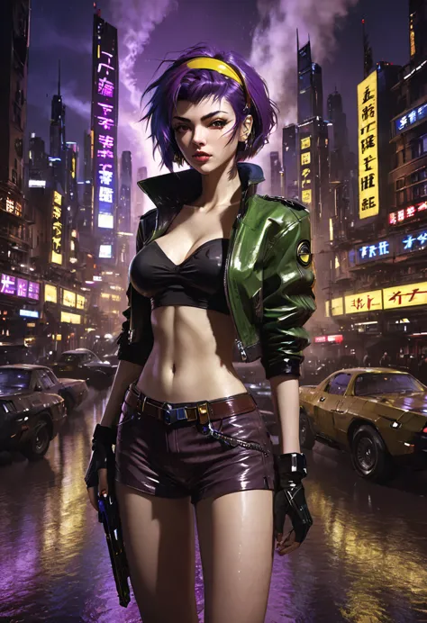 1girl, faye valentine, cowboy bebop, bob cut, solo, big breasts, green eyes, purple hair, hairband, cbbebop, cbbebop spaceship, ...