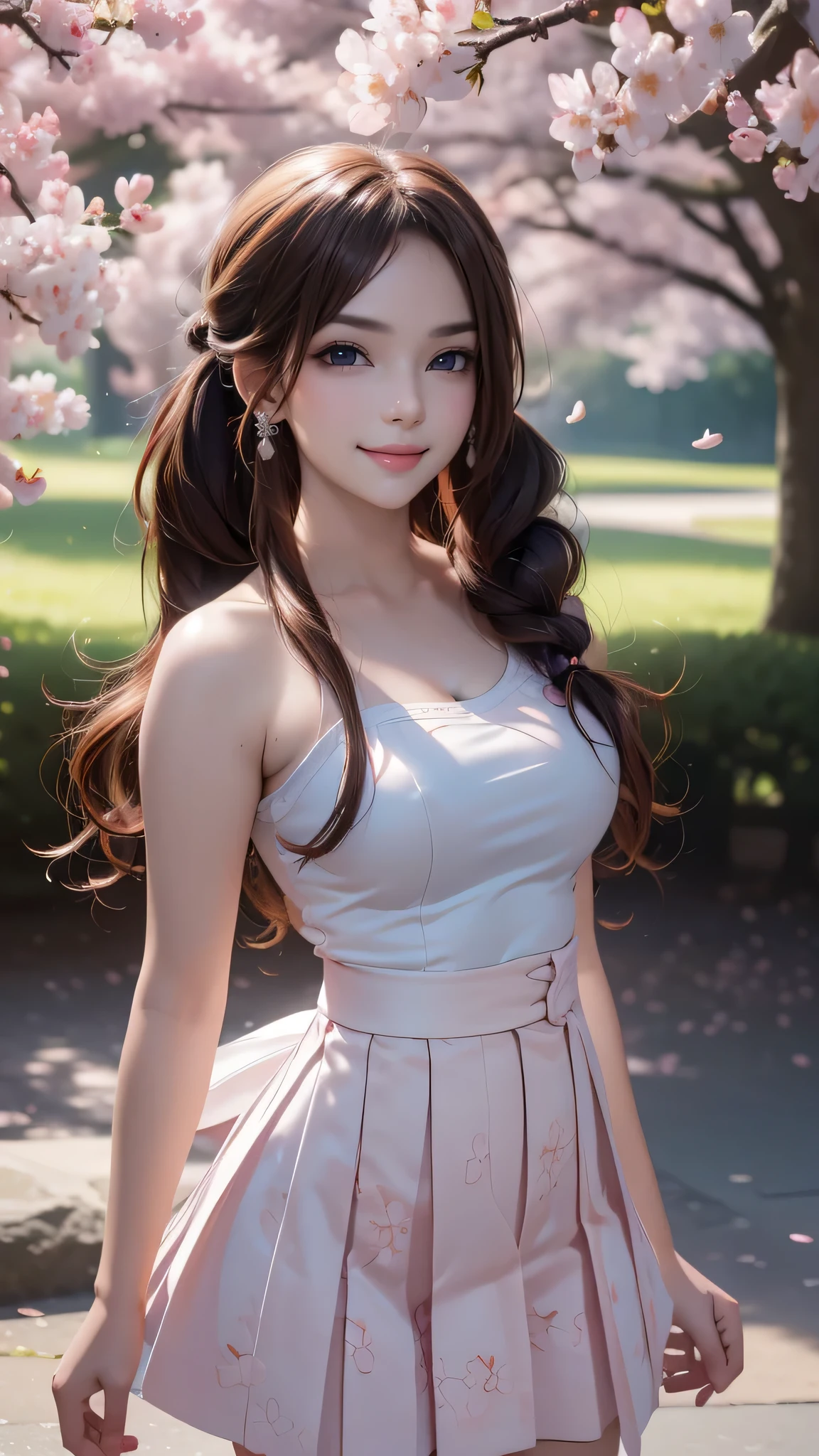 Um parque onde dançam as flores de cerejeira,garota do ensino médio,(pose aleatória),(penteado aleatório),(A mais alta qualidade de imagem,(8K), Ultra-realistic, melhor qualidade, alta qualidade, alta definição, textura de alta qualidade, alto detalhamento, Linda detalhada, bem detalhado, extremamente detalhes CG, textura detalhada, representação realista do rosto, obra de arte, presença)