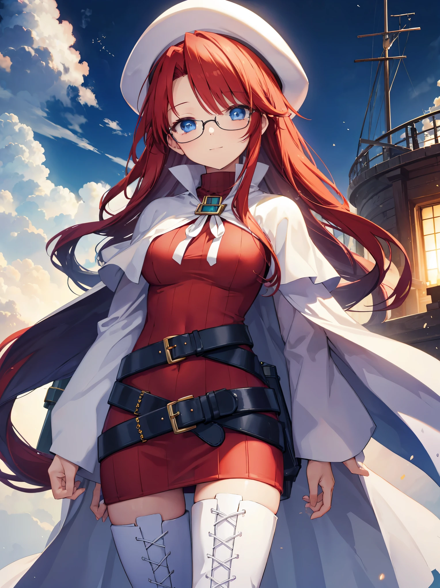 summonnightaty, aty, long hair, blue eyes, red hair, beret, hat, glasses,
BREAK long hair, thighhighs, hat, dress, boots, glasses, belt, cape, sweater, zettai ryouiki, beret, thigh boots, white footwear, ribbed sweater, loose belt,solo,
BREAK outdoors, fantasy,on_a_ship,
BREAK (masterpiece:1.2), best quality, high resolution, unity 8k wallpaper, (illustration:0.8), (beautiful detailed eyes:1.6), extremely detailed face, perfect lighting, extremely detailed CG, (perfect hands, perfect anatomy),covered_nipples,covered_navel,light_smile ,(half_eyes:1.4),sword,armpit,sleepy,dynamic_standing,barrel,red_sweater,apart_legs,magical_effect,pulmp,big_tits,