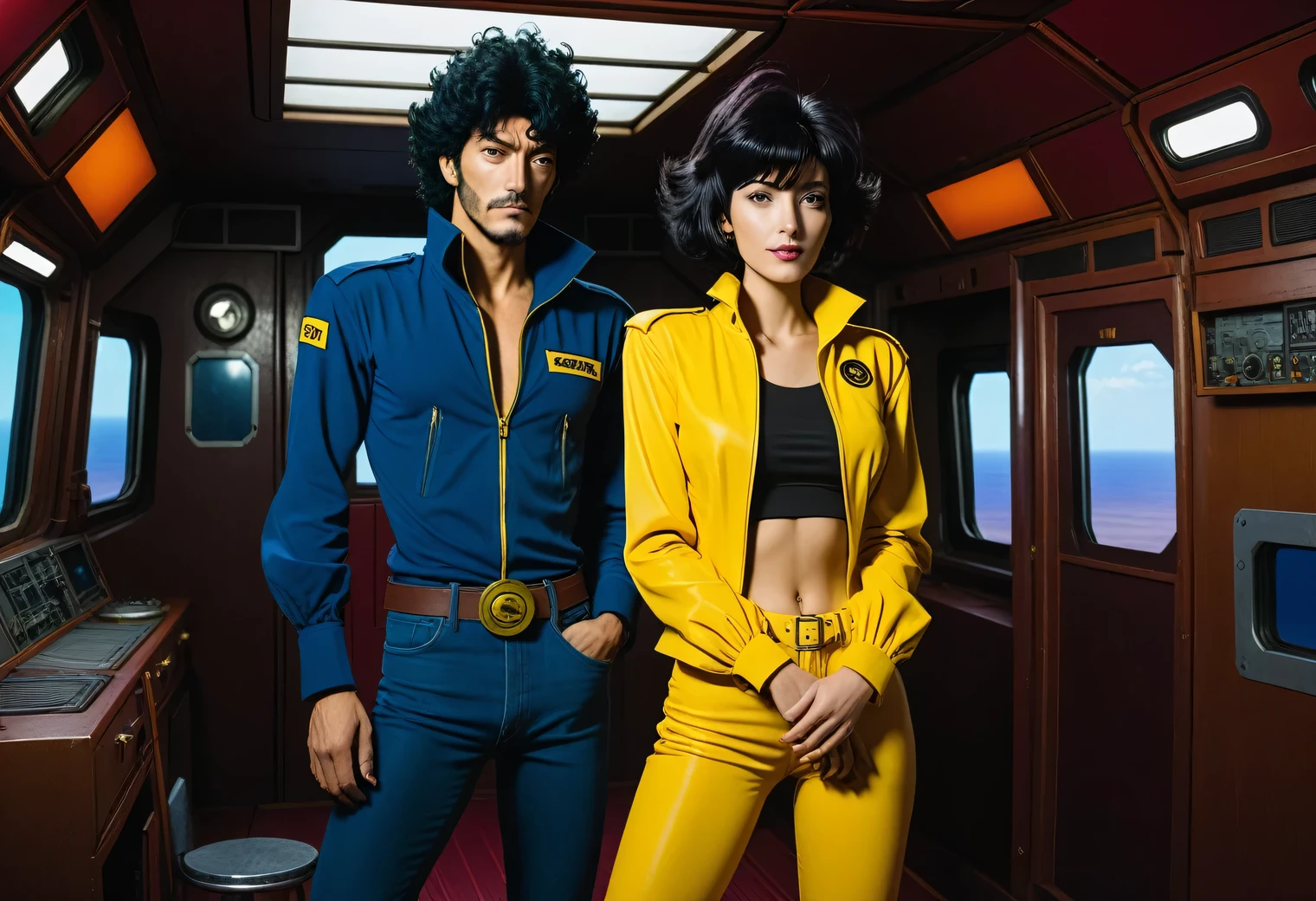 If the heroes of the anime Cowboy Bebop - Spike Spiegel and Faye Valentine were real people and were born and raised in Mexico, in the cabin of a spaceship, fiction, photography, cinematic, full body, full pose