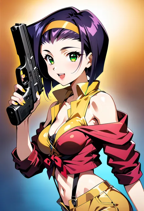 (anime artwork, Anime Style, Studio Anime, Very detailed, up to date, Vibrant, Anime Coloring, High Contrast, masterpiece:1.2, highest quality, Best aesthetics), Cowboy Bebop_Artistic, Faye Valentine, 23 year old woman, (Purple Hair, short hair, Green Eyes...