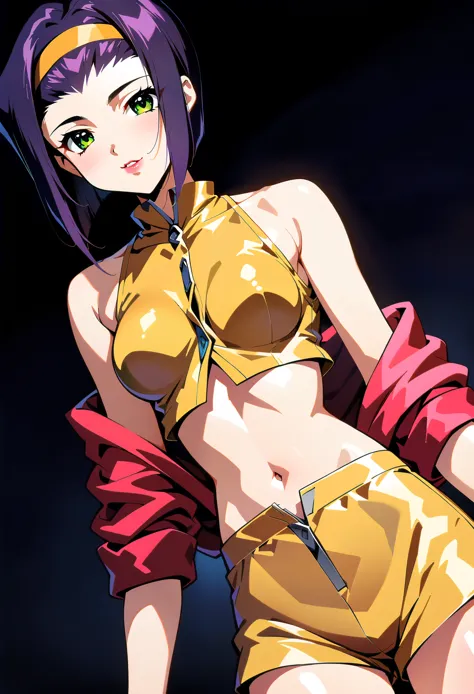 (anime artwork, Anime Style, Studio Anime, Very detailed, up to date, Vibrant, Anime Coloring, High Contrast, masterpiece:1.2, highest quality, Best aesthetics), Cowboy Bebop_Artistic, Faye Valentine, 23 year old woman, (Purple Hair, short hair, Green Eyes...