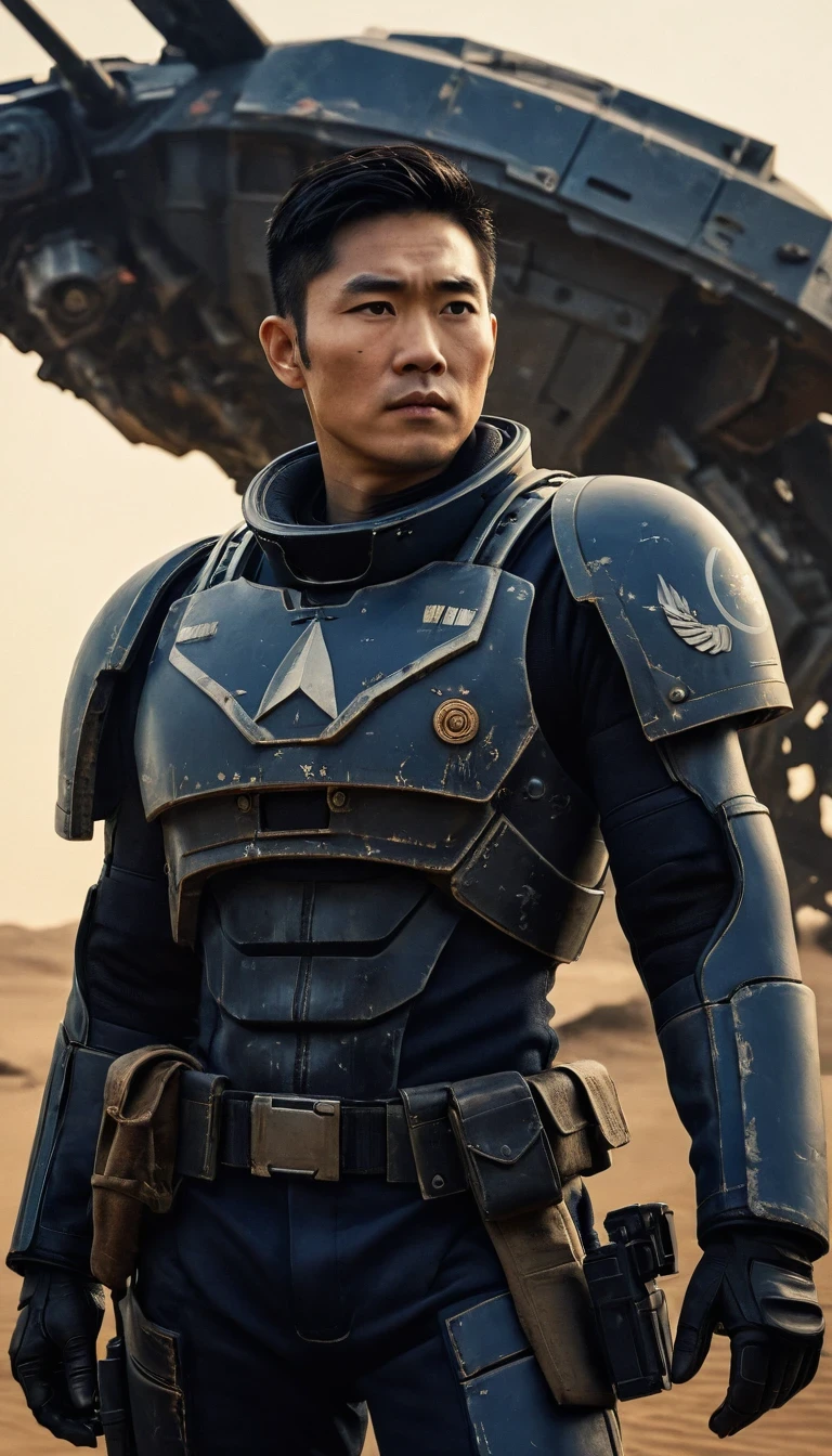 (Character Design), Science Fiction "District 9" Star Cowboys, (Full Body), Movie Poster, The main character of the science fiction novel "District 9", Qin Yu, is wearing a black combat suit with a dark blue sweater leaking out of the collar (underneath he wears a pair of dark cotton pants, and a pair of rounded cloth shoes for his feet). Wearing a worn-out overcoat, the combat suit is made of wear-resistant and waterproof material, the combat suit is equipped with bulletproof undershirt, helmet, goggles and other protective equipment, and is also equipped with pistols, rifles, grenades, medical kits, and other kinds of equipment and tools; his hair is very short, and the color of stalwartness comes through between his eyebrows, he is tall, with broad shoulders, and his skin is a healthy bronze color, with well-defined muscles, his eyes are deep and bright, and the color of stalwartness comes through between his eyebrows. Between them there was an aura of fortitude and courage. Qin Yu's features were three-dimensional and deep. His nose was high and straight, and his lips were well-defined, making him both tough and bold. His hair was short and thick, always meticulously combed, and in the background: the interstellar lands were devastated after the cataclysmic
 sci-fi,dark fantasy,impossible,visual exaggeration,nostalgiacore,post cyberpunk,futuristic,invasion,sci-fi,movie poster,image from the works of Wong Kar-Wai by Edward Curtis,intense atmosphere,high detail,ultra-high quality,high-resolution,trends on artstation,hi-definition,16K,depth-of-field (dof),cinematographic footage,film Lighting,
