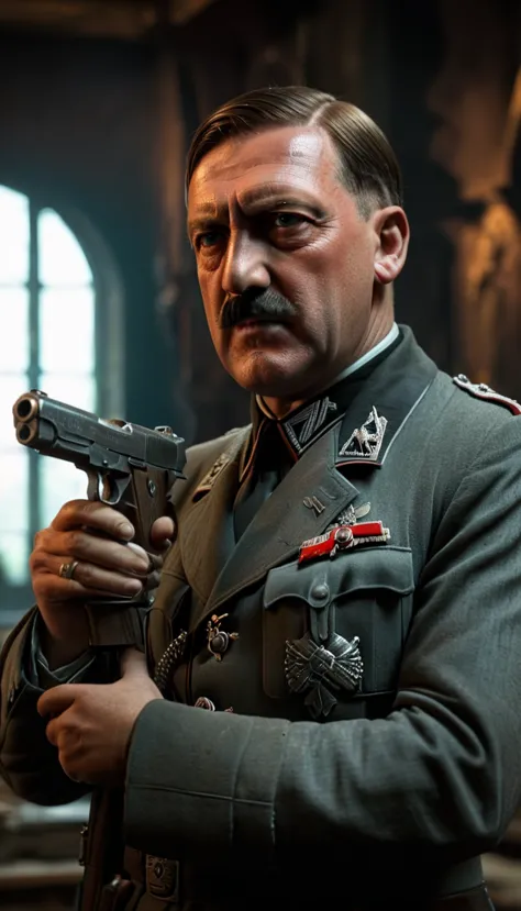 period piece masterpiece, frame the shot to focus on hitler's profile, with the pistol held to his temple, background cinematic,...