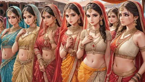 A bride market in India, multiple women, a row of beautiful women with large breasts and wide hips, in traditional clothes. (bes...