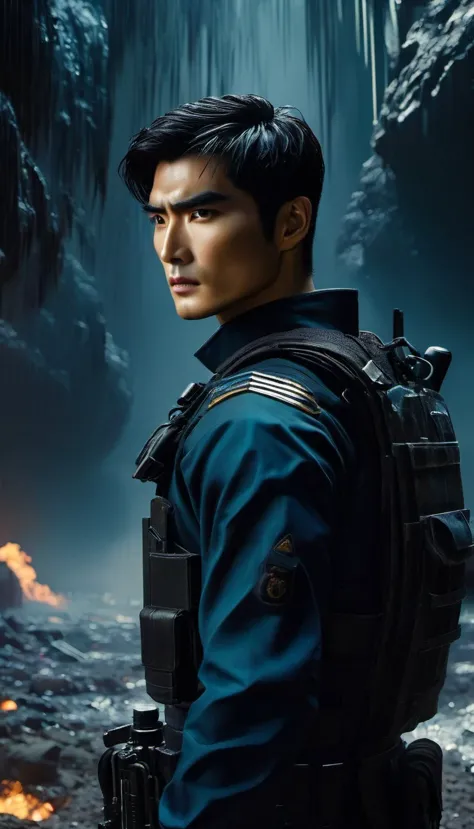 movie poster of (Character Design), Star Cowboy, (Full Body), Qin Yu, the hero of science fiction novel "Ninth Special Zone", is...