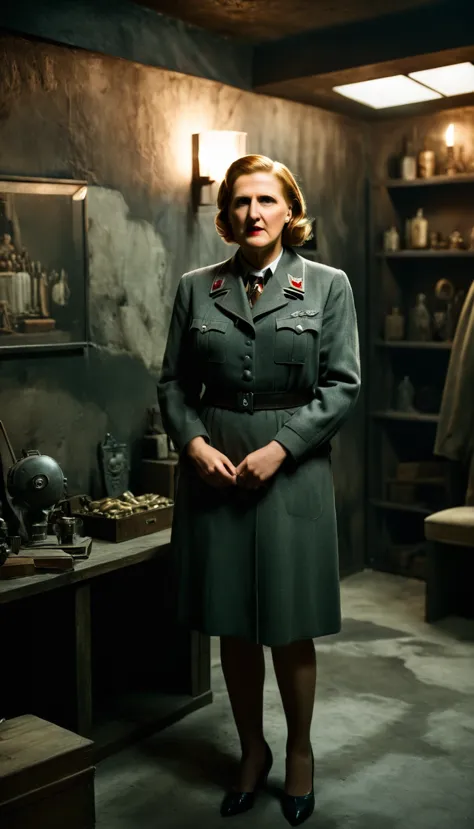 period piece masterpiece, Set the scene in the same dimly lit bunker, with Eva Braun standing beside Hitler, her expression sole...