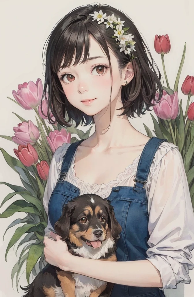 (masterpiece、highest quality、highest quality、Beautiful and beautiful:1.2)、Good anatomy、（watercolor1.5）、（Pigment Thin 1.5）、Drawing of a girl with straight short hair、Shy smile、Holding a brown puppy、Dutch Decoy Spaniel、looking at the camera、put flowers and leaves on your head、Tulips