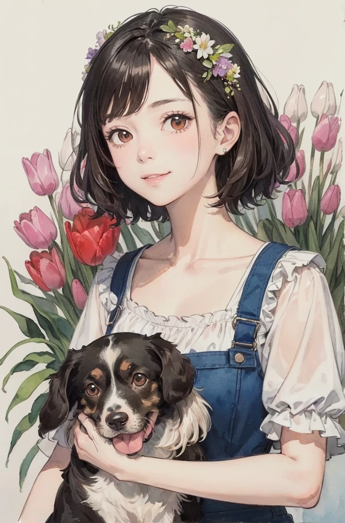 (masterpiece、highest quality、highest quality、Beautiful and beautiful:1.2)、Good anatomy、（watercolor1.5）、（Pigment Thin 1.5）、Drawing of a girl with straight short hair、Shy smile、Holding a brown puppy、Dutch Decoy Spaniel、looking at the camera、put flowers and leaves on your head、Tulips