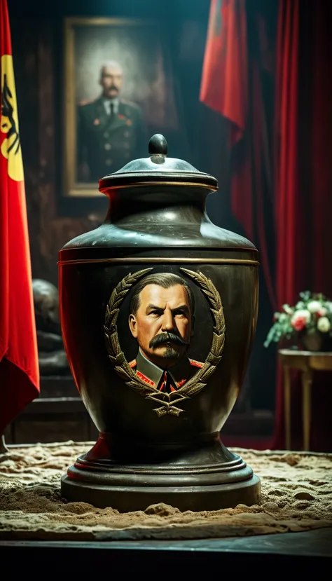 period piece masterpiece, stalin's remains, represented by a symbolic urn or image, alongside the preserved body of vladimir len...