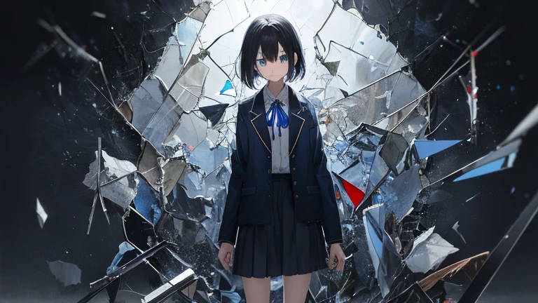 anime, Black Hair,  girl, Blue jacket, blue eyes, dark blue skirt, Red ribbon around neck, Full Height, Full-length girl, highest quality, Broken glass, Broken glass, glass powder々Broken into, dark, Blackness, Broken mirror, Old Premise