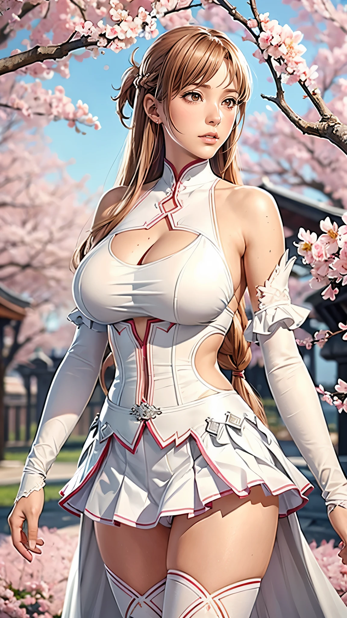 （（（Perfect figure，figure，bare shoulders, armor, breastplate, white sleeves, detached sleeves, red skirt, pleated skirt,white thighhighs, （（（aaasuna, long hair, brown hair, braid, brown eyes, ）））((masterpiece)),high resolution, ((Best quality at best))，masterpiece，quality，Best quality，（（（ Exquisite facial features，Looking at the audience,There is light in the eyes，(Blushing and shyness)，））），型figure:1.7））），（（（Light and shadow，Huge breasts））），（（（Looking at the camera，Cherry Blossom Background，flowers，pink background，Cherry Blossoms，pose partially visible vulva
panties)）））