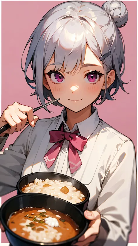 (highest quality,High resolution,Very detailed),eat porridge, Short silver bob hair tied in a bun with a hair clip, Pink Eyes、sp...