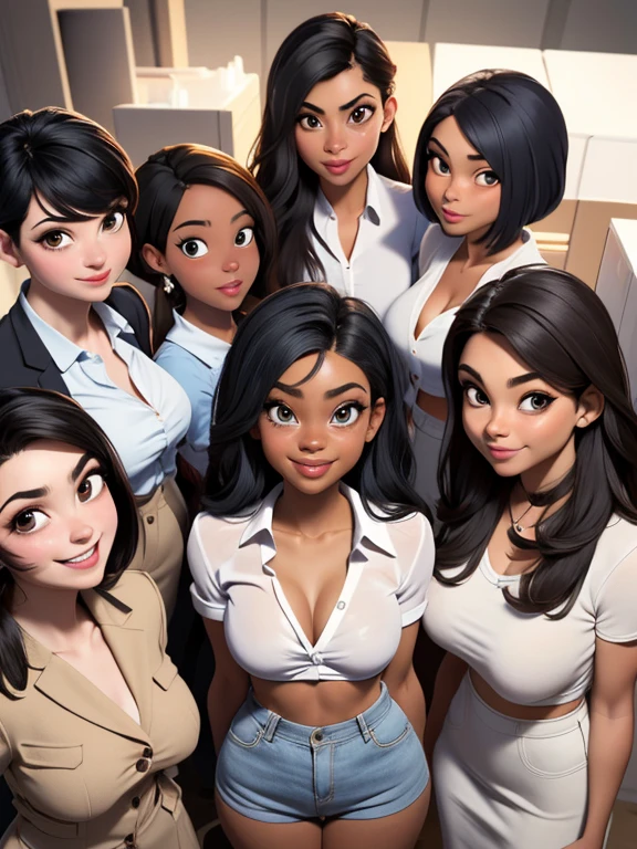 Perfect body, group of Young city girls, masterpiece, (solo:1.1), different ethnicities, different ages (18-45 years old), sexy, all fully clothed in different work outfits, big huge , small waists, round asses, perfect beautiful faces, big eyes, big smile, open mouth. Seen from above