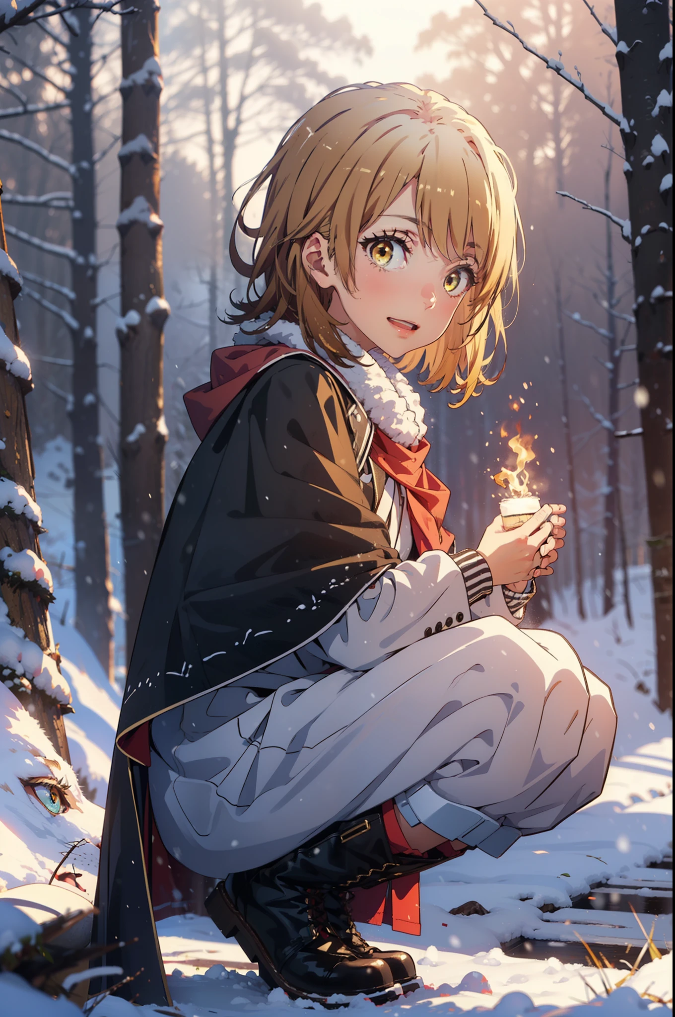 irohaisshiki, iroha isshiki, short hair, brown hair, (Brown eyes:1.5), smile,
Open your mouth,snow, fire, Outdoor, boots, snowing, From the side, wood, suitcase, Cape, Blurred, Food up, forest, White handbags, nature,  Squat, Mouth closed, フードed Cape, winter, Written boundary depth, Black shoes, red Cape break looking at viewer, Upper Body, whole body, break Outdoor, forest, nature, break (masterpiece:1.2), highest quality, High resolution, unity 8k wallpaper, (shape:0.8), (Fine and beautiful eyes:1.6), Highly detailed face, Perfect lighting, Highly detailed CG, (Perfect hands, Perfect Anatomy),
