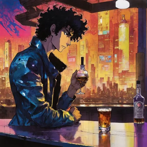 shinichiro watanabe style. illustration of spike spiegel from cowboy bebop, captured in an ultra hd, vivid colors, depicting him...