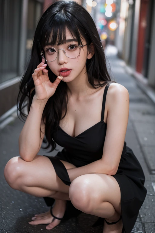 (masterpiece, highest quality, High resolution simple 35 year old Japanese woman, Wear glasses, Beautiful long shiny black hair, snappy bangs, Shining Face, Shiny skin, Written boundary depth, chromatic aberration, Caustics, natural shadows,  kind, smile, Small devil,Cute face, Thighs, Film Grain, chromatic aberration, Sharp focus, Face Light,  Detailed face, Background blur, Huge breasts, Slender body, Feminine and understated outfits for spring, Flushed face, He is sticking out his tongue and licking a transparent, invisible tube with gusto., Squat with your legs wide apart, Back alleys of Shinjuku, Full body portrait, Top-down angle, Taken at the best angle