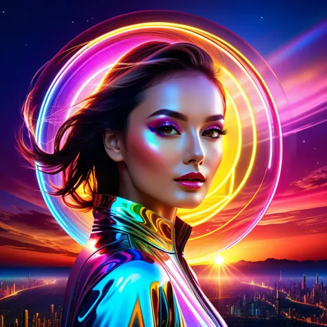 sunset spacious sunrise panoramic background, fashion portrait color photograph woman Diva, neon lights holography, draw in neon...