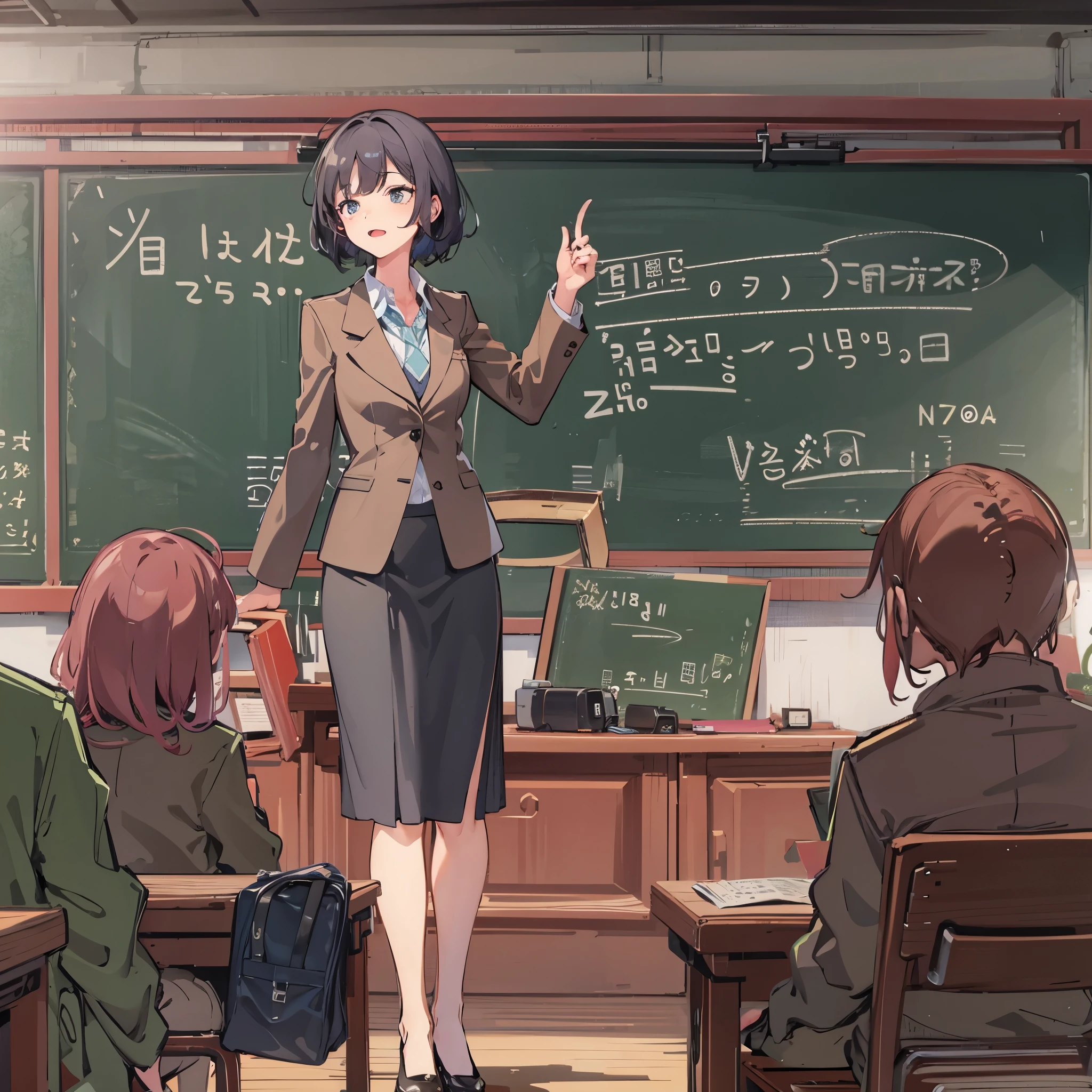 Eine Lehrerin mittleren Alters，Geschäftskleidung tragen，Im Klassenzimmer，Steht auf dem Podium und hält eine Vorlesung，Hinter ihm ist die Tafel。Mittlere Aufnahmekomposition，Ganzkörperbilder，Farbe，Anime-Illustrationsstil，HD，4K。