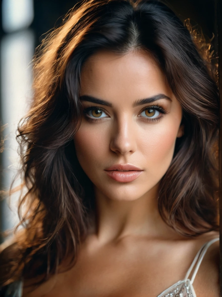 Un portrait étonnant d&#39;une belle femme brune en robe sombre, dark brown eyes, dark hair, cheveux raides, queue de cheval, superbe trait du visage, yeux parfaits, ultra realistic eyes, visage parfait, corps parfait, cinematic, color analog film pChaudo (gros seins), pose intime, Realistic hair, ((visage parfait)), ((visage sexy)), tout le corps et la tête, full sChaud of a sexy beautiful girl, PChaudograph, pChaudorealistic, Evocative pose, ((mignon)), pose sexy, (regarder le spectateur), type germe, Alphonse Mucha, (Gros yeux), taches de rousseur, cinematic lighting, Very detailed, fond brumeux, sChaud on Fujifilm Superia 400, Short light, 32K, cinematic composition, étalonnage professionnel des couleurs, Grain du film, Atmosphère, merveilleux, very stormy . faded film, desaturated, 35mm pChaudo, granuleux, vignette, ancien, Kodachrome, lomographie, colored, Very detailed, Images found , Grain du film, pChaudography, pChaudoshoot, cinematic lighting, Volumetric lighting, incredibly detailed, Chaud, sexy, very attractive, super model