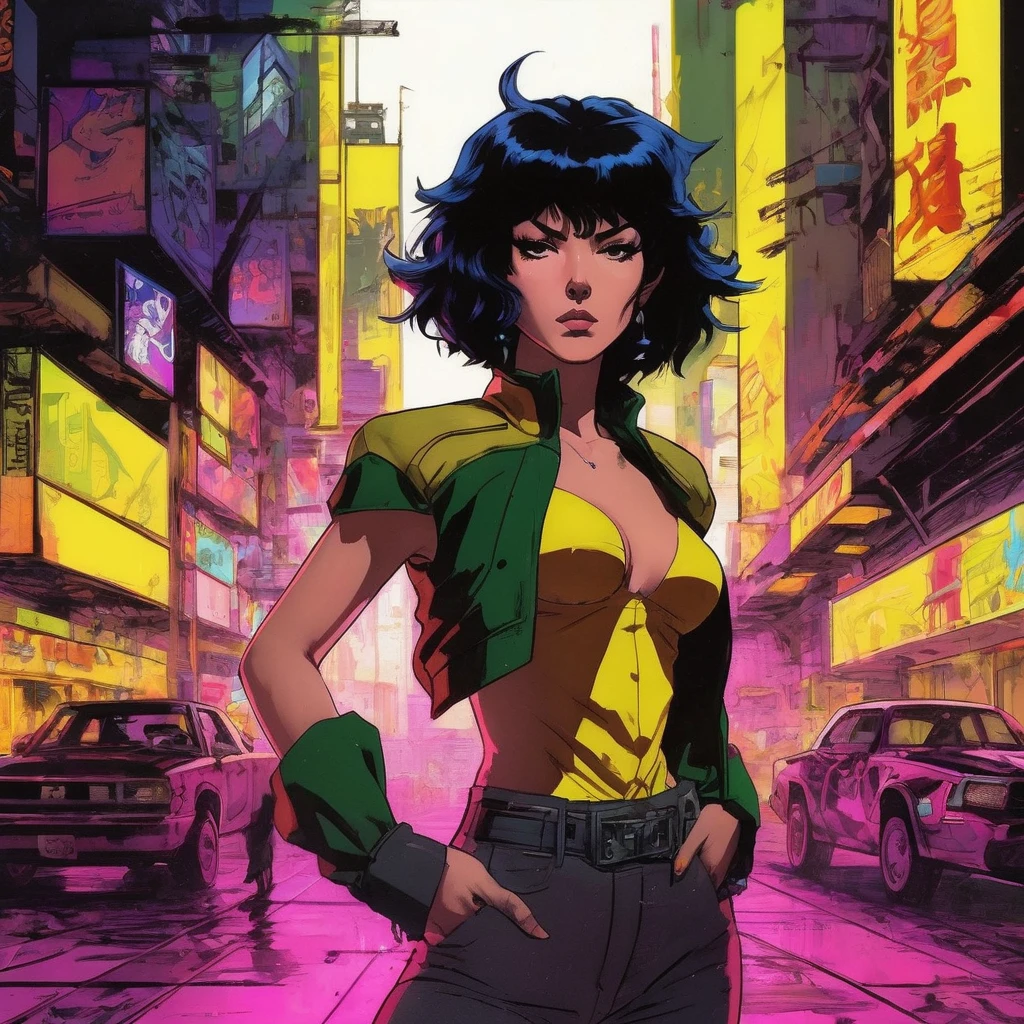 Illustration of Cowboy Bebop's Faye Valentine, designed by Wataru Yoshizumi, captured in a scene with neon ambiance highlighting her grit and determination, her features detailed in ultra HD, vivid colors, and perfect composition, an intricate masterpiece with high quality and super detailed presentation, incorporating abstract black oil textures, detailed acrylic elements, and grunge aesthetics, rendered in Unreal Engine for a photorealistic. High Quality, Masterpiece. best quality, super detail