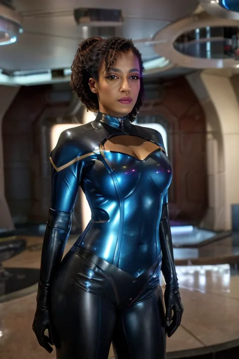 In a futuristic sci-fi setting, a black woman stands confidently, dressed in a blue sttldunf uniform. Her face, with extremely d...