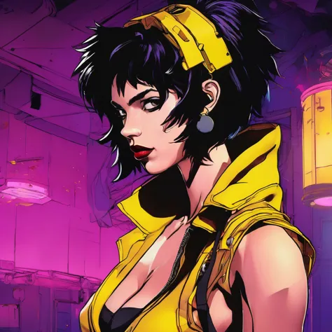 Illustration of Cowboy Bebop's Faye Valentine, designed by Wataru Yoshizumi, captured in a scene with neon ambiance highlighting...