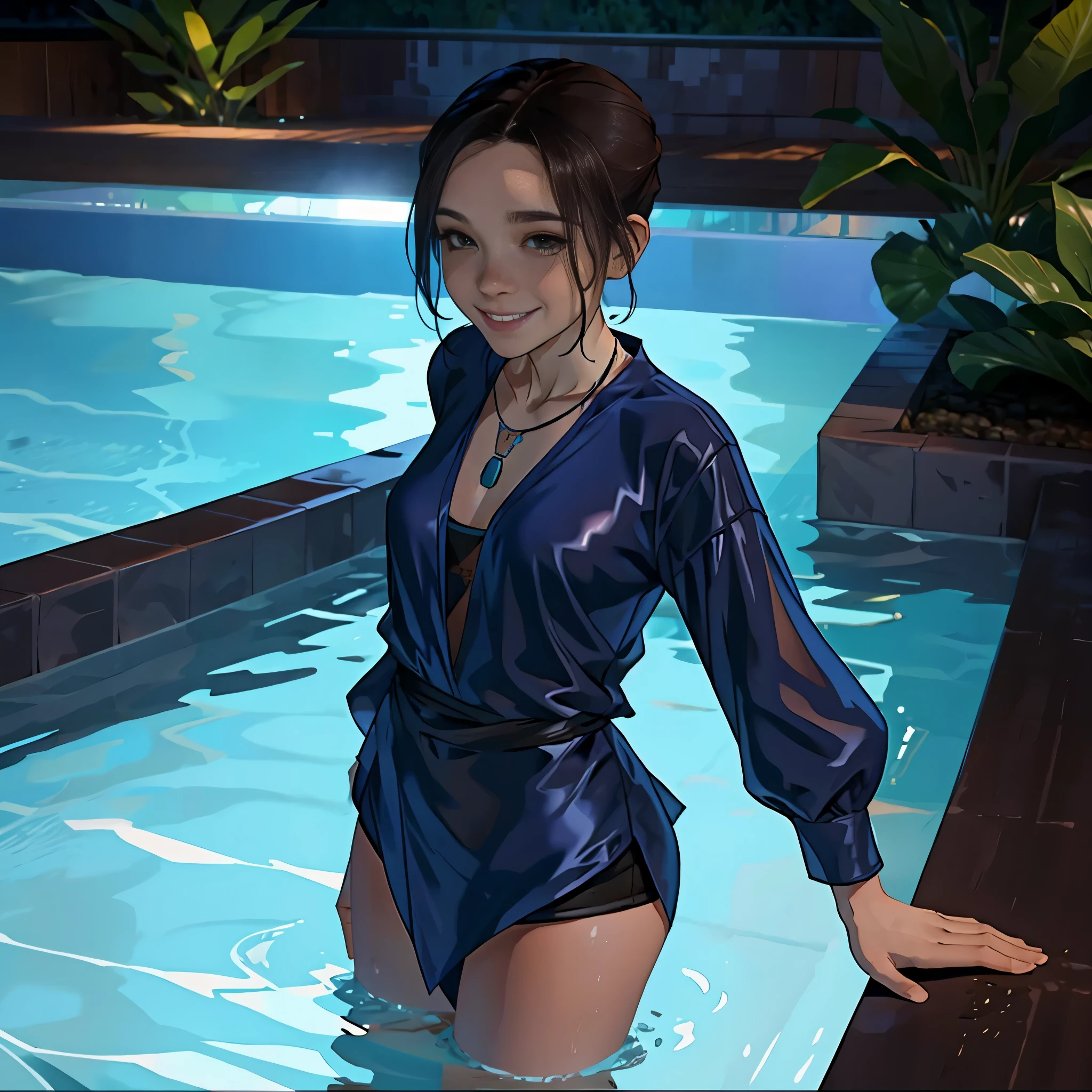 Femme debout jusqu&#39;à la taille dans la piscine, vêtements mouillés et trempés, regarder le spectateur, Chemise longue en soie, collier, Belle coupe de cheveux, sourire, Vêtements superposés, SFW