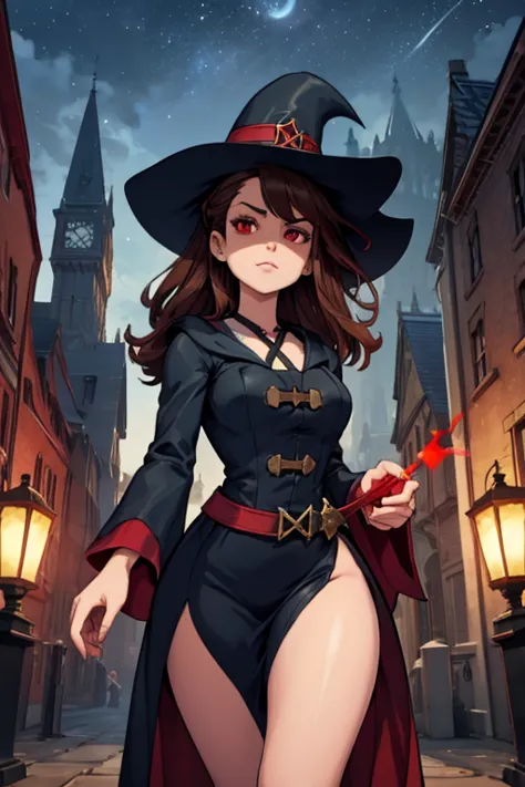 a brown haired female witch with red eyes with an hourglass figure in a conservative victorian dress is playing with a red ball ...