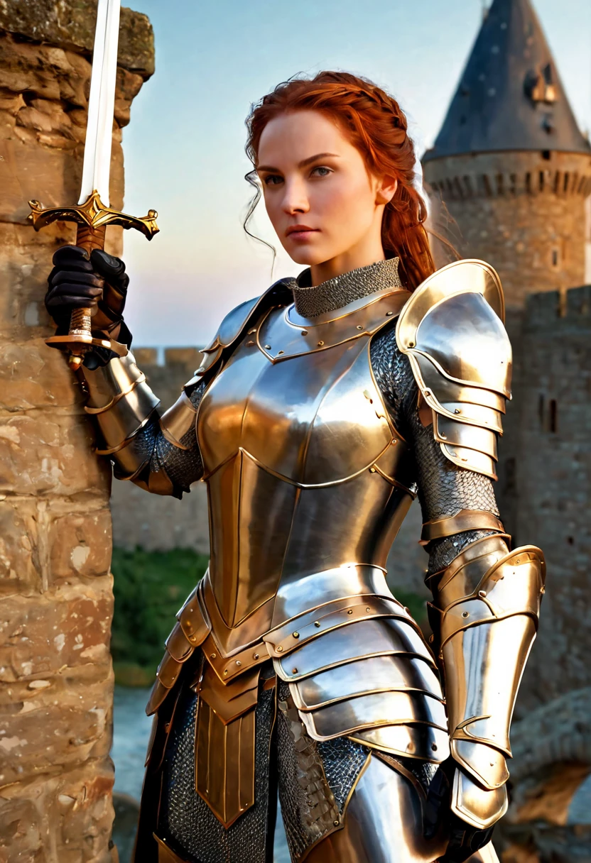 (чрезвычайно подробные обои CG Unity 16k:1.1), (supressão de ruído: 1.45), (a obra de arte:1.37), Intensivo, Close up image of a woman in knight&#39;Armadura.. She stood on the stone bridge, The walls fly up into the sky, homem imponente, Magnificent for him. Na mão dela, ela segura uma espada, Its edges brilhar in softness, The glow of the setting sun fades. Her face was determined, Show off her inner strength and courage. detalhes intrincados da armadura, castelo, E a espada dá vida à cena, qualidade realista., raios divinos, brilhar, luz brilhante