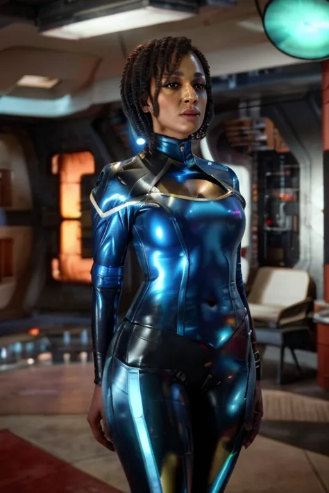 In a futuristic sci-fi setting, a black woman stands confidently, dressed in a blue sttldunf uniform. Her face, with extremely d...
