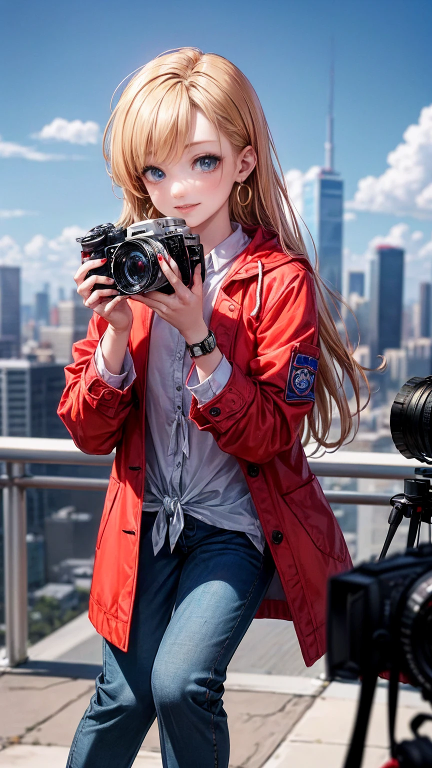 ((最high quality, 8K, masterpiece: 1.3, Ultra HD, high quality, 最high quality, High resolution, realism)) 、25-year-old Caucasian female、blue eyes、long hair、smile、slender、slenderだがアスリートのような細マッチョ、I want my head to stay off screen、Wear accessories on your wrist、Wearing red nail polish、I have a peticure、aerial perspective((atmospheric perspective))、smile((smiley))、background blur((depth of field)、crystal earrings((crystal earrings))、Dark Blonde、Hime cut((hime cut))、Photographer&#39;s coat((cameraman coat))wear、Put your hands in your coat pockets、Ankle Tide Pants((ankle tied pants))Wear、スニーカーWear、Carrying a single-lens reflex camera on your shoulder、Holds a photographer bag、Skyscraper background