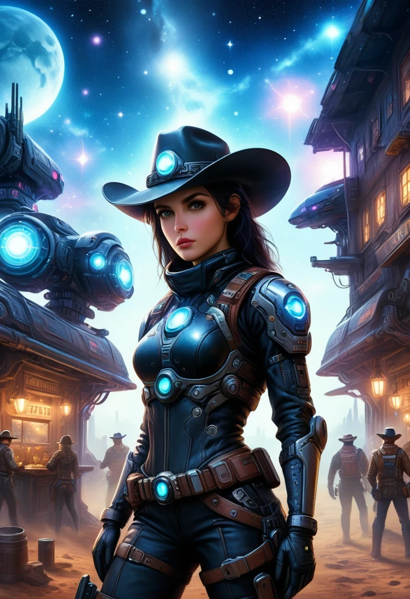 A woman in a cowboy hat and leather outfit standing in front of a town -  SeaArt AI