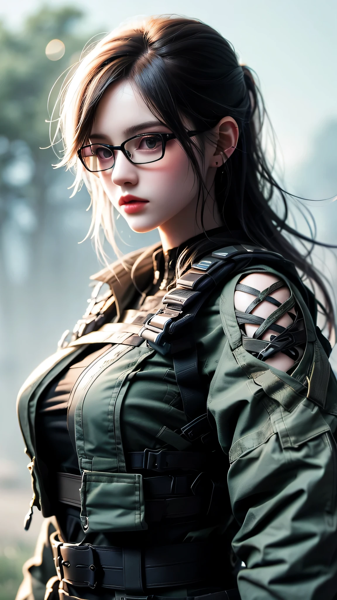 Punk girl with glasses and a black shirt, Blurred green grass and trees in the background々, Short brown hair, Detailed face, high quality, High resolution