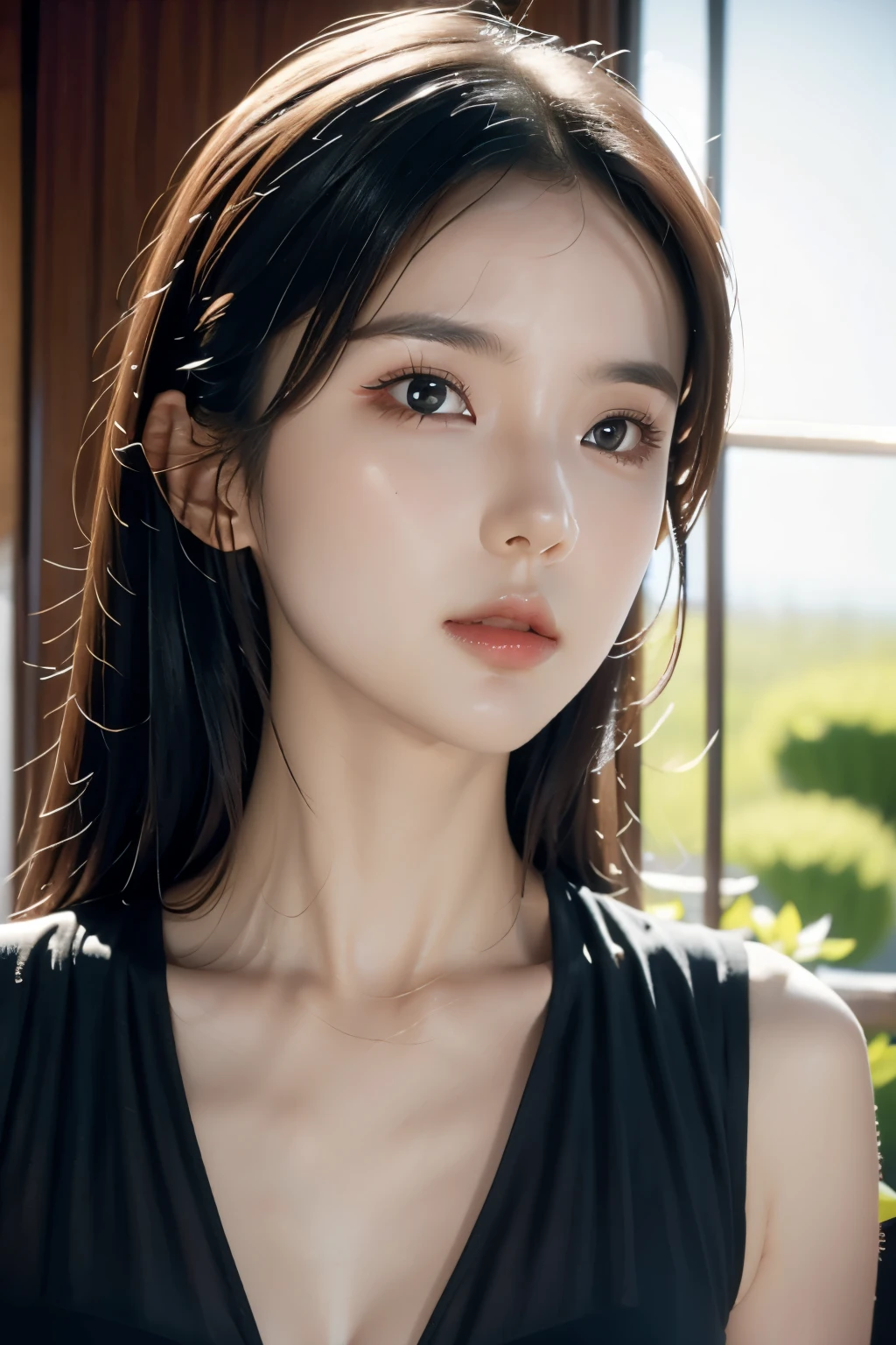 Ultra-realistic capture, Highly detailed, High resolution 16k close-up of human skin. Skin texture must be natural, With such detail that pores can be finely identified. Skin should look healthy, In a uniform tone. Use natural light and color.She has medium length black hair,Surrounded by nemophila fields,The whole body is shown,