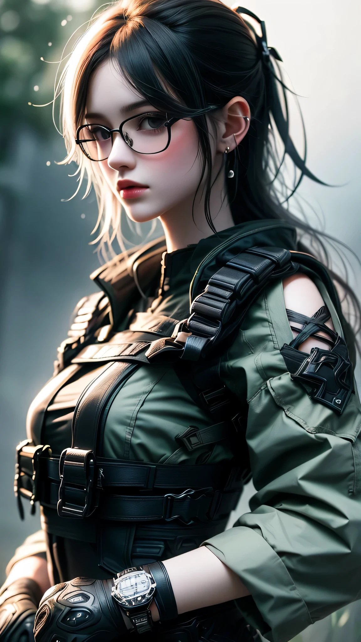 Punk girl with glasses and a black shirt, Blurred green grass and trees in the background々, Short brown hair, Detailed face, high quality, High resolution