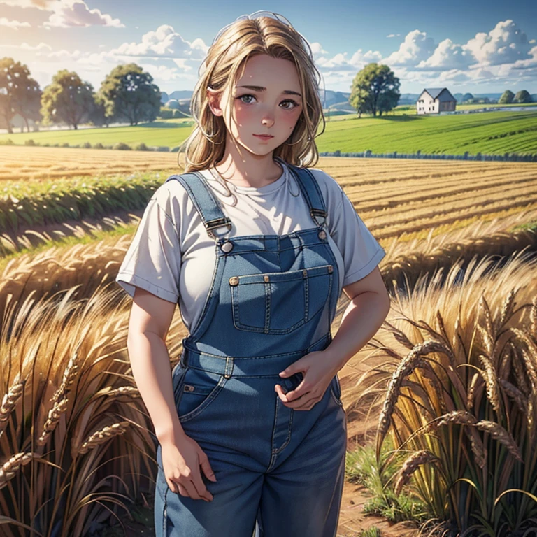 (obra de arte, alta qualidade, foto realista, Figura humanóide de pátio em macacão, Campos de trigo gigantescos), Textura detalhada de macacão, Agricultura Autênticaural Scene, Pele impecável, reflexões realistas, Cinematic profundidade de campo, Fundo rústico, Paisagem detalhada da fazenda de trigo, luz solar dourada, Temporada de colheita, (1 Figura humanóide), (Cena de fazenda realista), (profundidade de campo), Alta resolução, texturas realistas, (obra de arte), sombras detalhadas, agricultural, rural, campo de trigo, agricultura, autêntico, (Configuração de fazenda realista), (Textura detalhada de macacão), (Agricultura Autêntica