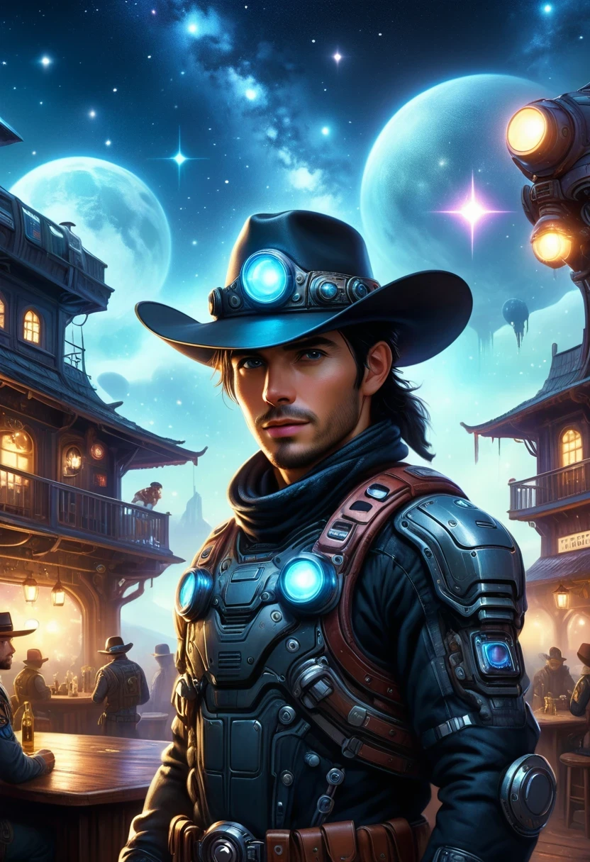 A man in a cowboy hat and leather outfit standing in front of a building -  SeaArt AI