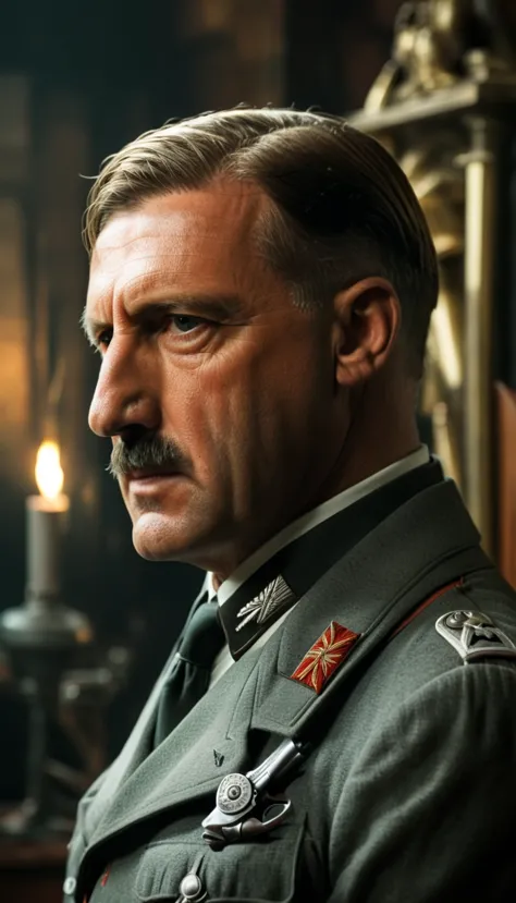 period piece masterpiece, frame the shot to focus on hitler's profile, with the pistol held to his temple, background cinematic,...