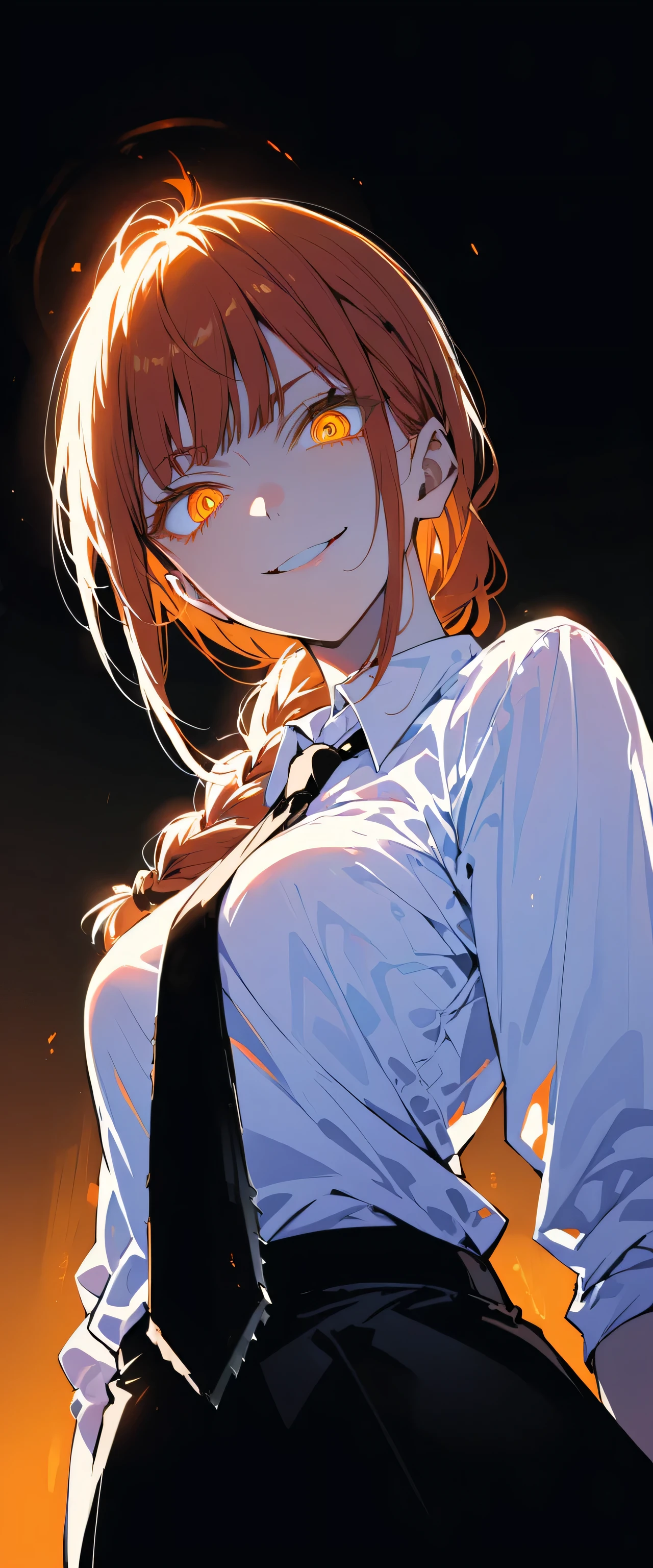 Anime girl with orange eyes and a tie standing in front of a black  background - SeaArt AI