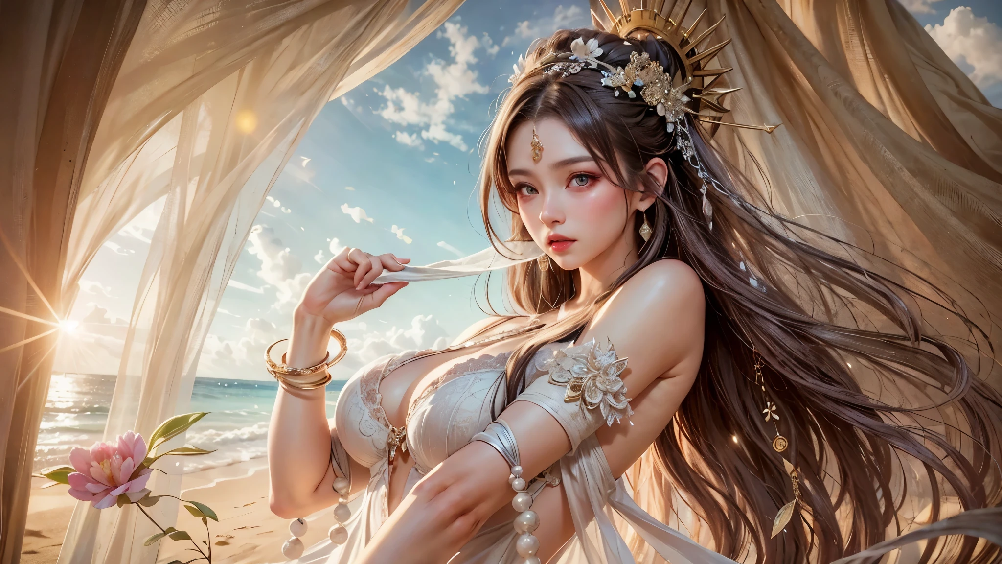 Há uma mulher em um vestido branco de renda posando na praia, Um decote profundo espreitou do meio de seus seios altíssimos, tendências no cgstation, WLOP e Sakimichan, artwork in the style of Guweiz, cinematic. por Leng Jun, WLOP e Ross Tran, por Victor Wang, uma linda imperatriz de fantasia, Guweiz, ruan jia e artgerm, linda donzela de fantasia, Deusa Japonesa