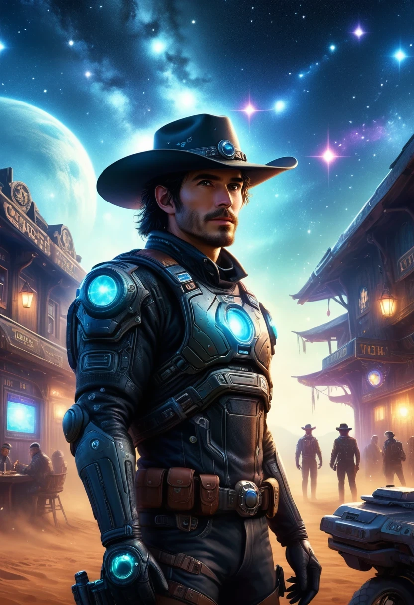 A man in a cowboy hat standing in front of a town - SeaArt AI