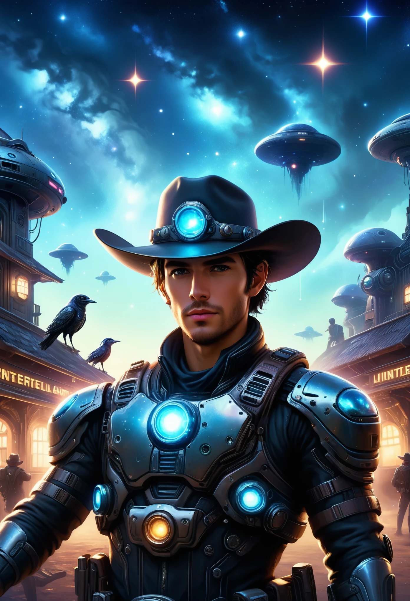 Cowboy cyberpunk em taverna interestelar，Fundo futurista do céu estrelado，tecnologia alienígena，Cowboy Mecânico